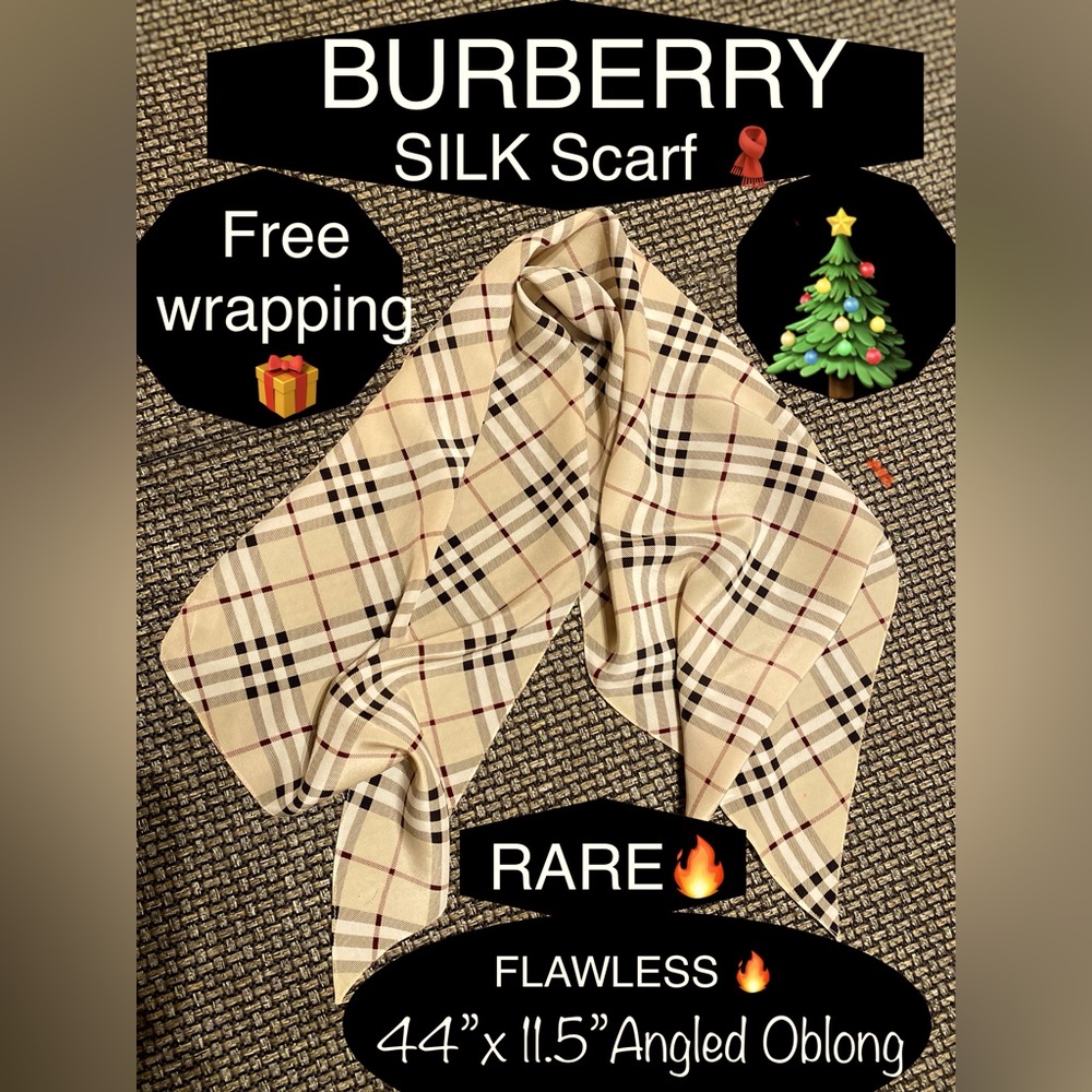 BURBERRY 💯% Silk Scarf!🧣Angled/Oblong🔥RARE🔥PRISTINE🎁44”x12”🔥Great Gift🎁